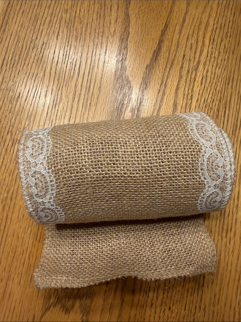 Burlap Ribbon Roll with White Lace Trim
